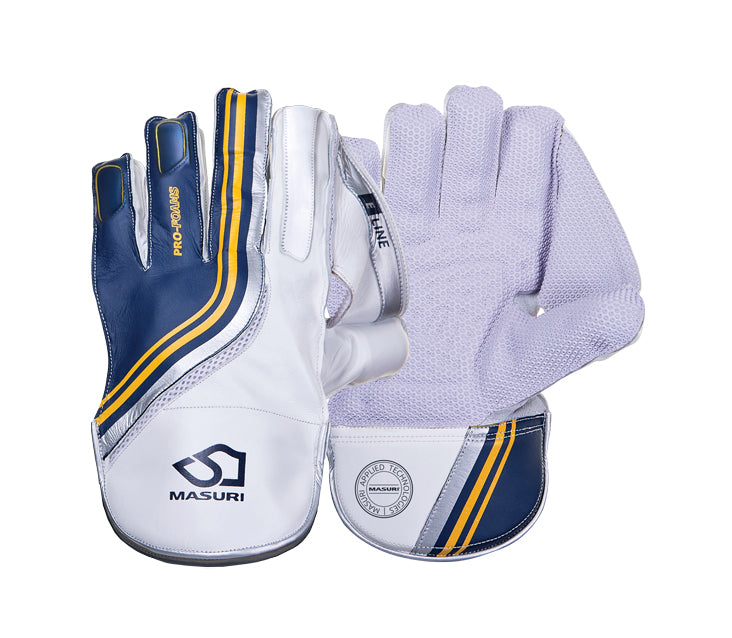 Masuri E Line white wicket keeping gloves with blue and yellow trim