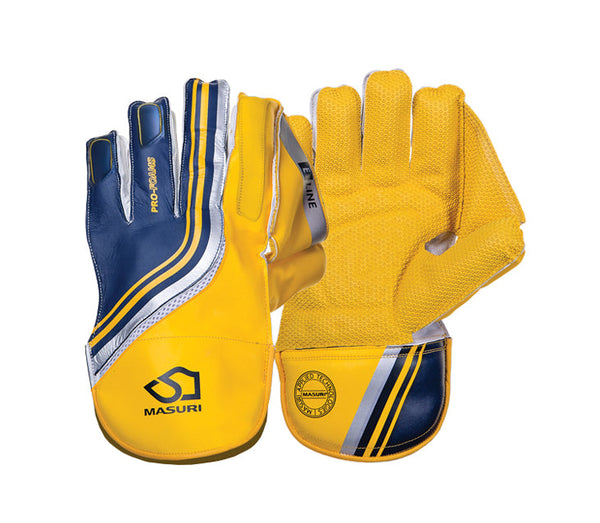 Masuri E Line yellow wicket keeping gloved with blue and silver trim