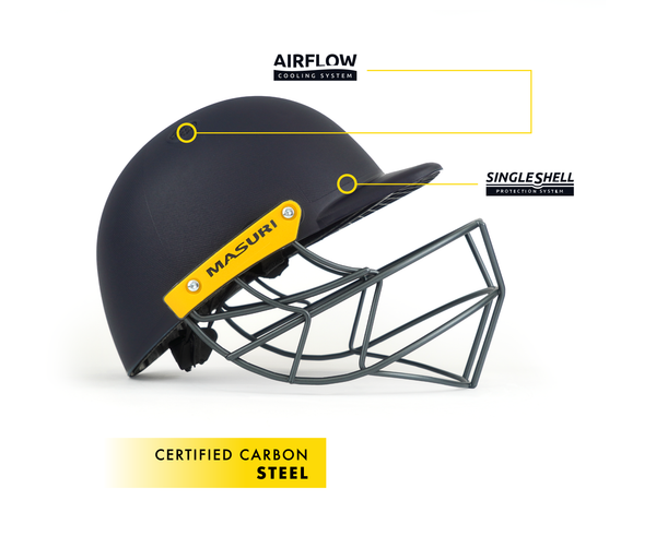 masuri c line junior cricket helmet with certified carbon steel grille and single shell protection system