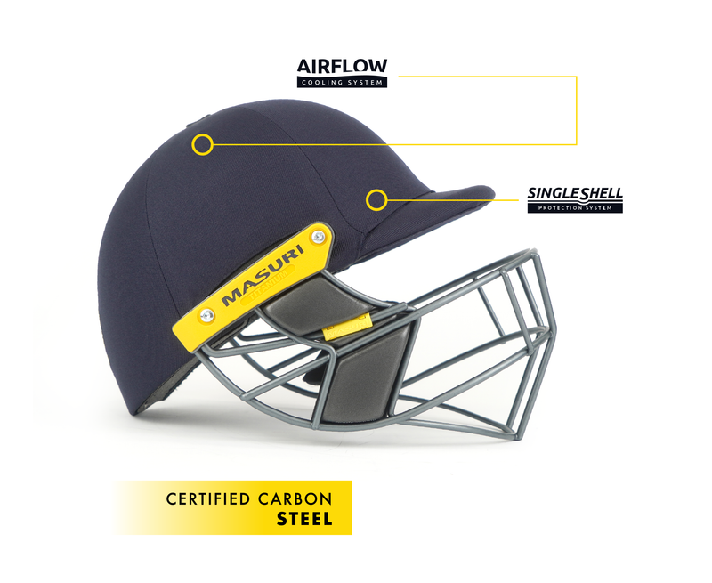 masuri t line cricket helmet with certified carbon steel grille and single shell protection system